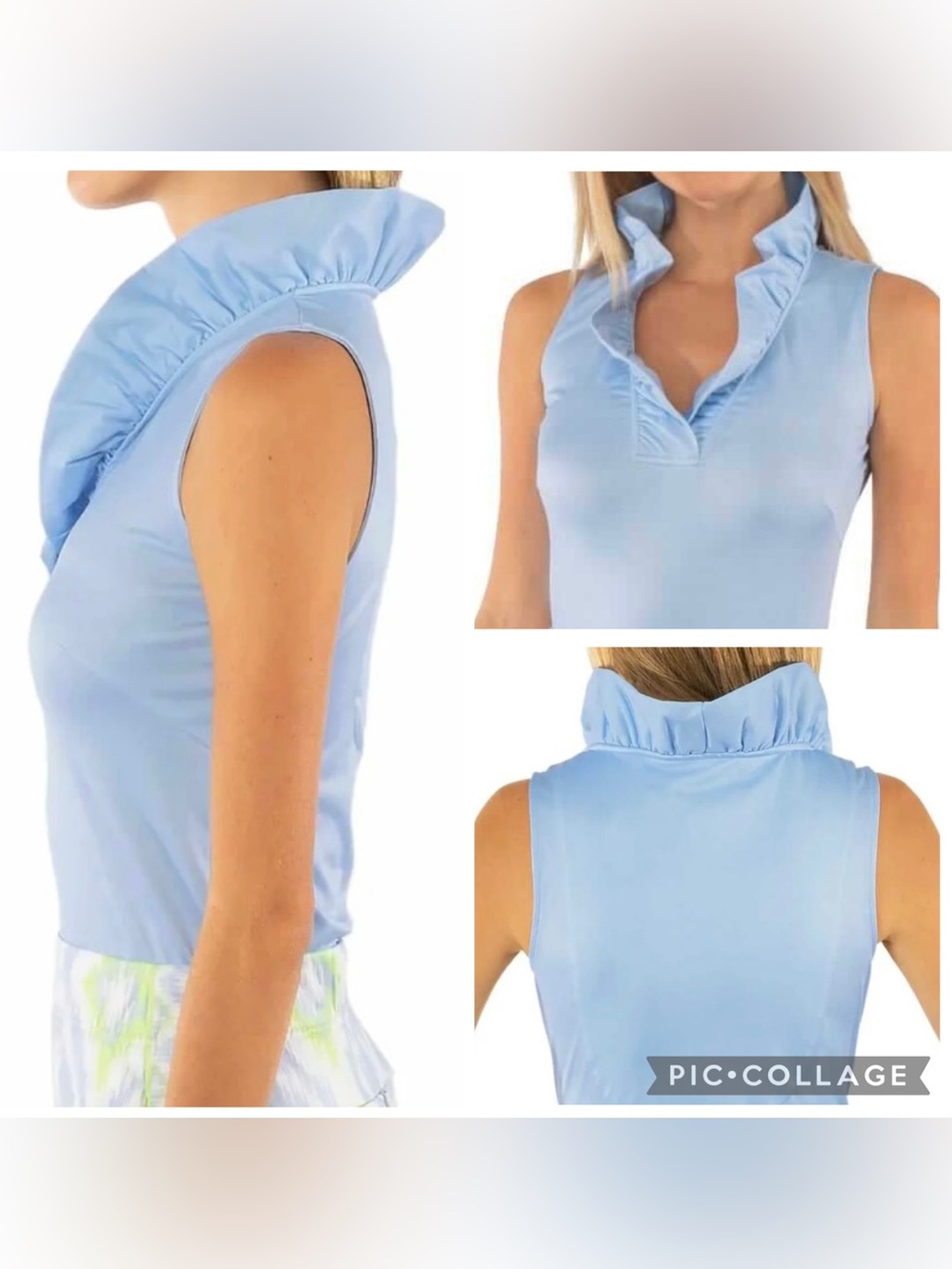 GRETCHEN SCOTT DESIGNS Women’s Blue JERSEY RUFF NECK BLOUSE Pop Collar Size XS.